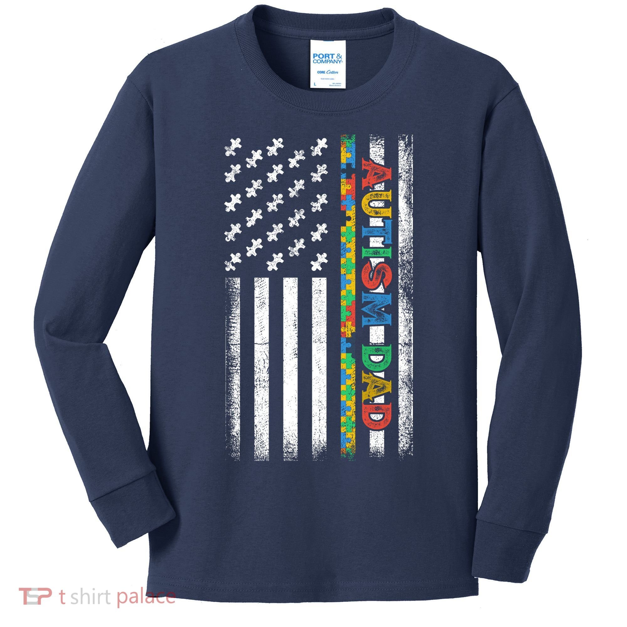 Autism Dad Awareness American Flag USA Kids Long Sleeve Shirt