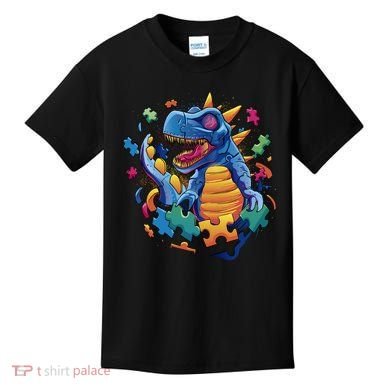 Autism Dinosaur And Puzzle Pieces Kids T-Shirt