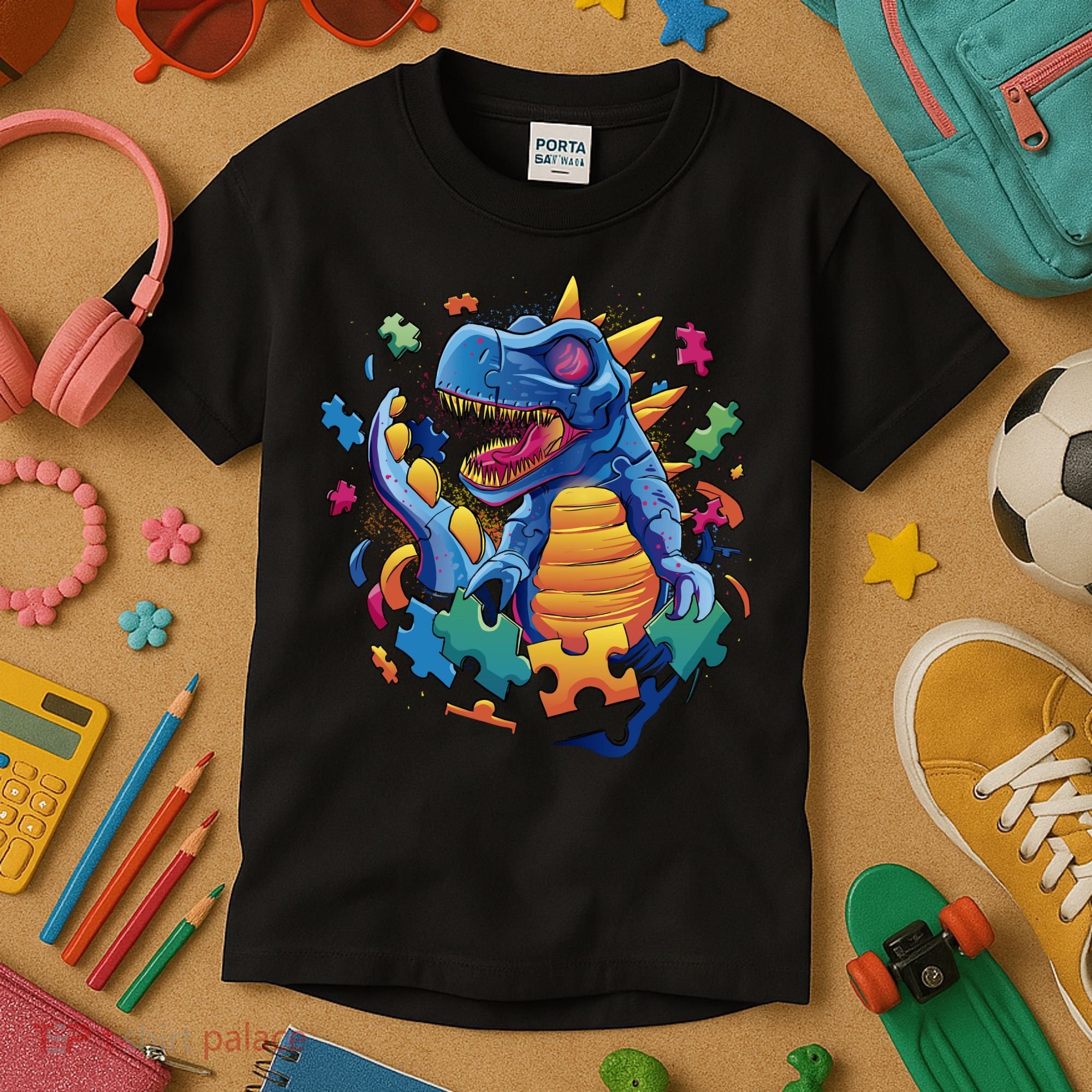 Autism Dinosaur And Puzzle Pieces Kids T-Shirt