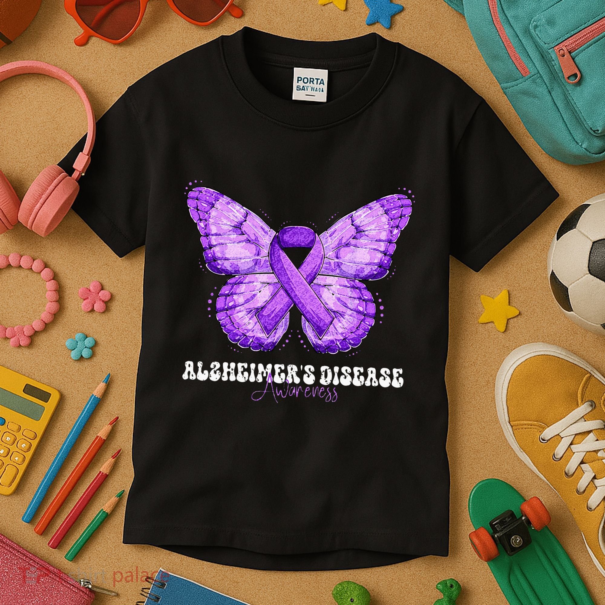 Alzheimers Disease Awareness Month Purple Ribbon Butterfly Kids T-Shirt