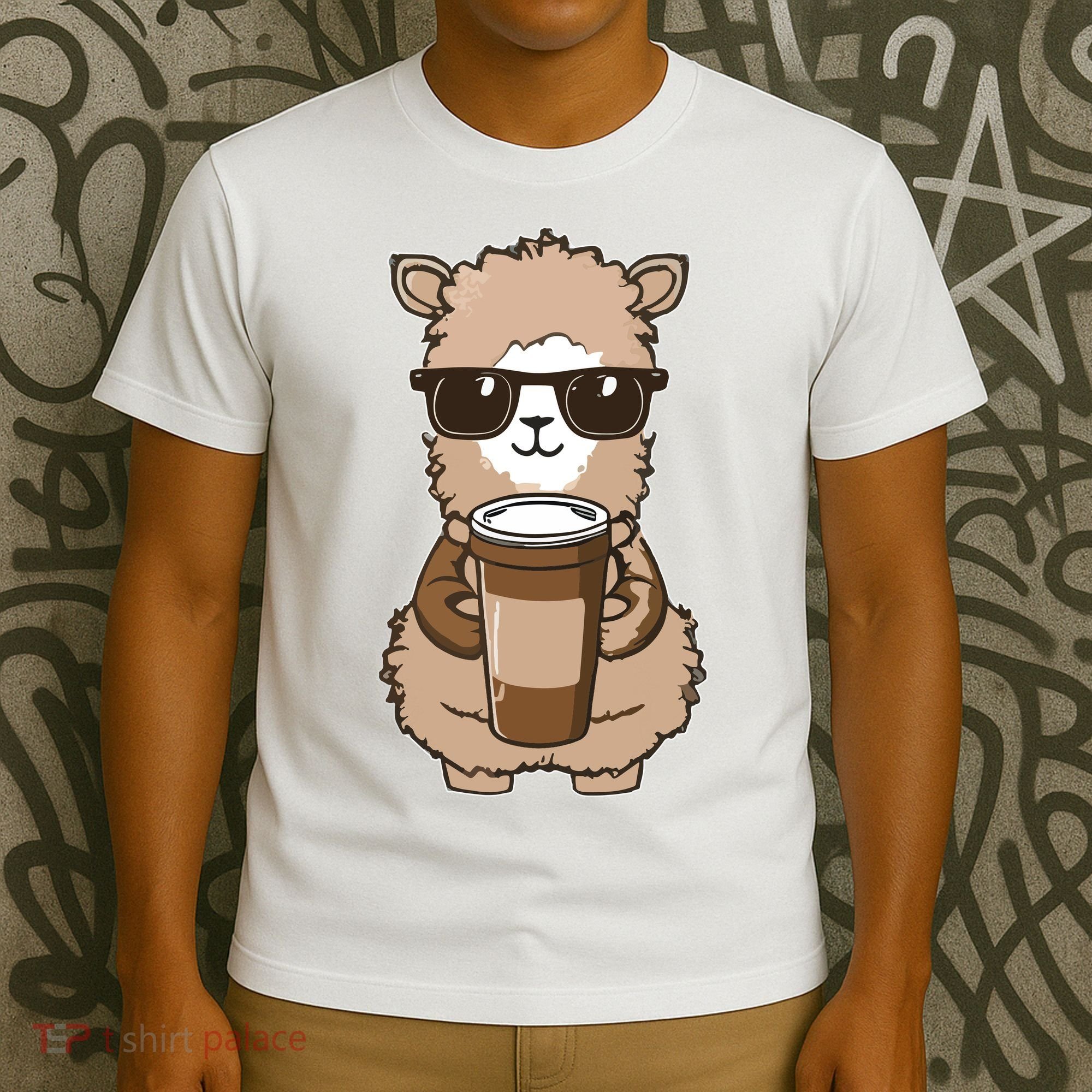 Alpaca Drinking Coffee Funny Llama And Coffee Lover T-Shirt