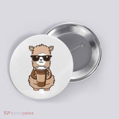 Alpaca Drinking Coffee Funny Llama And Coffee Lover Button