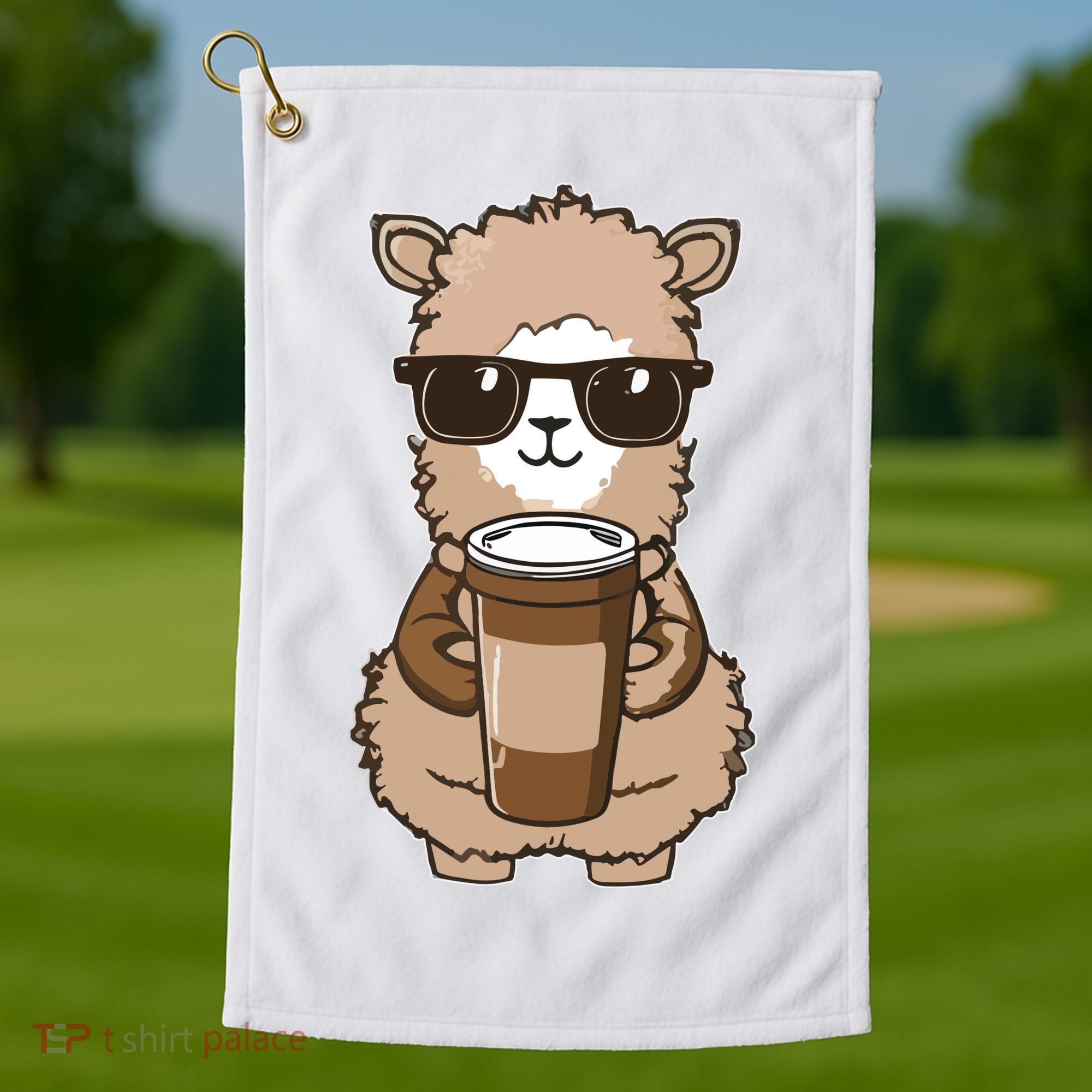 Alpaca Drinking Coffee Funny Llama And Coffee Lover Golf Towel