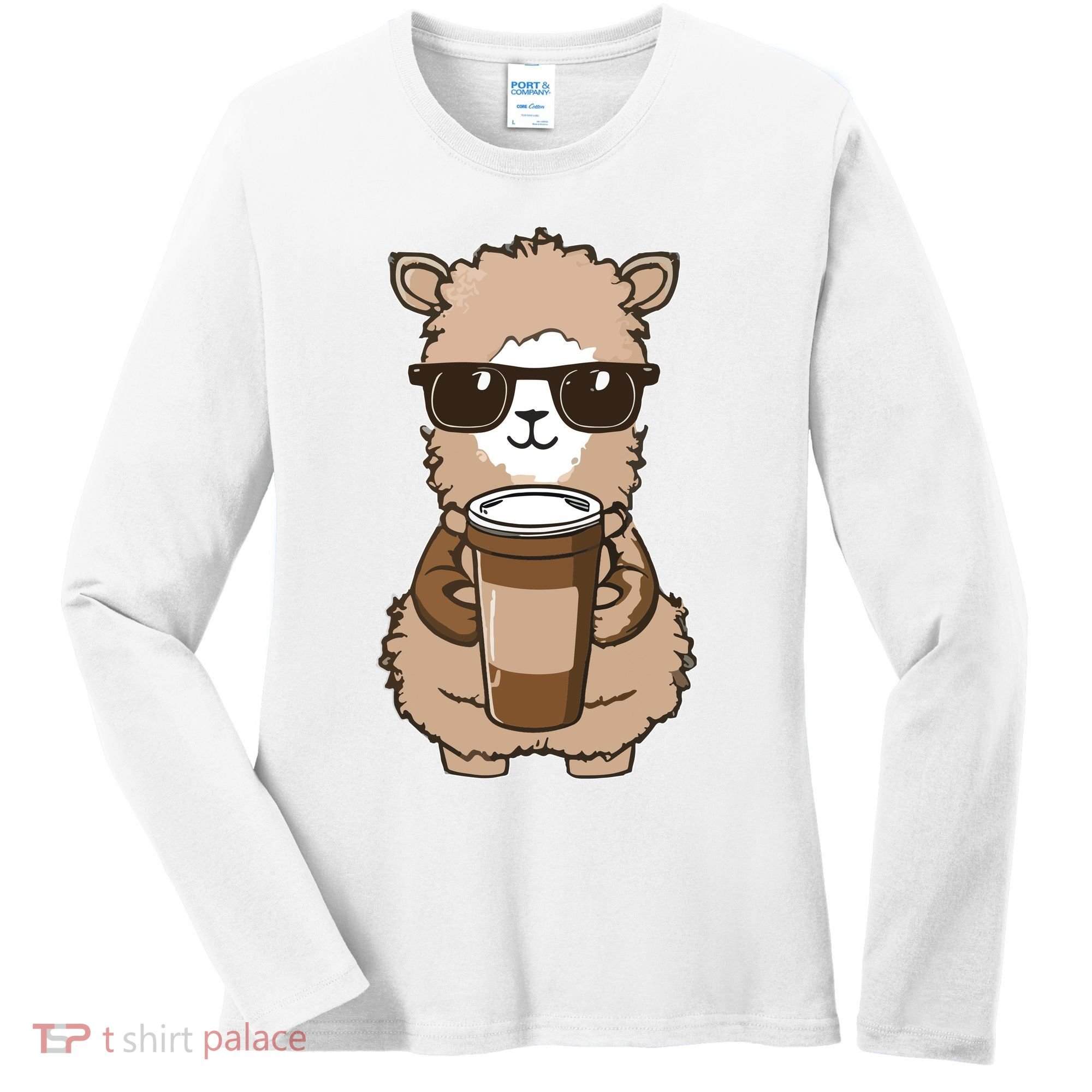 Alpaca Drinking Coffee Funny Llama And Coffee Lover Women's Long Sleeve Shirt