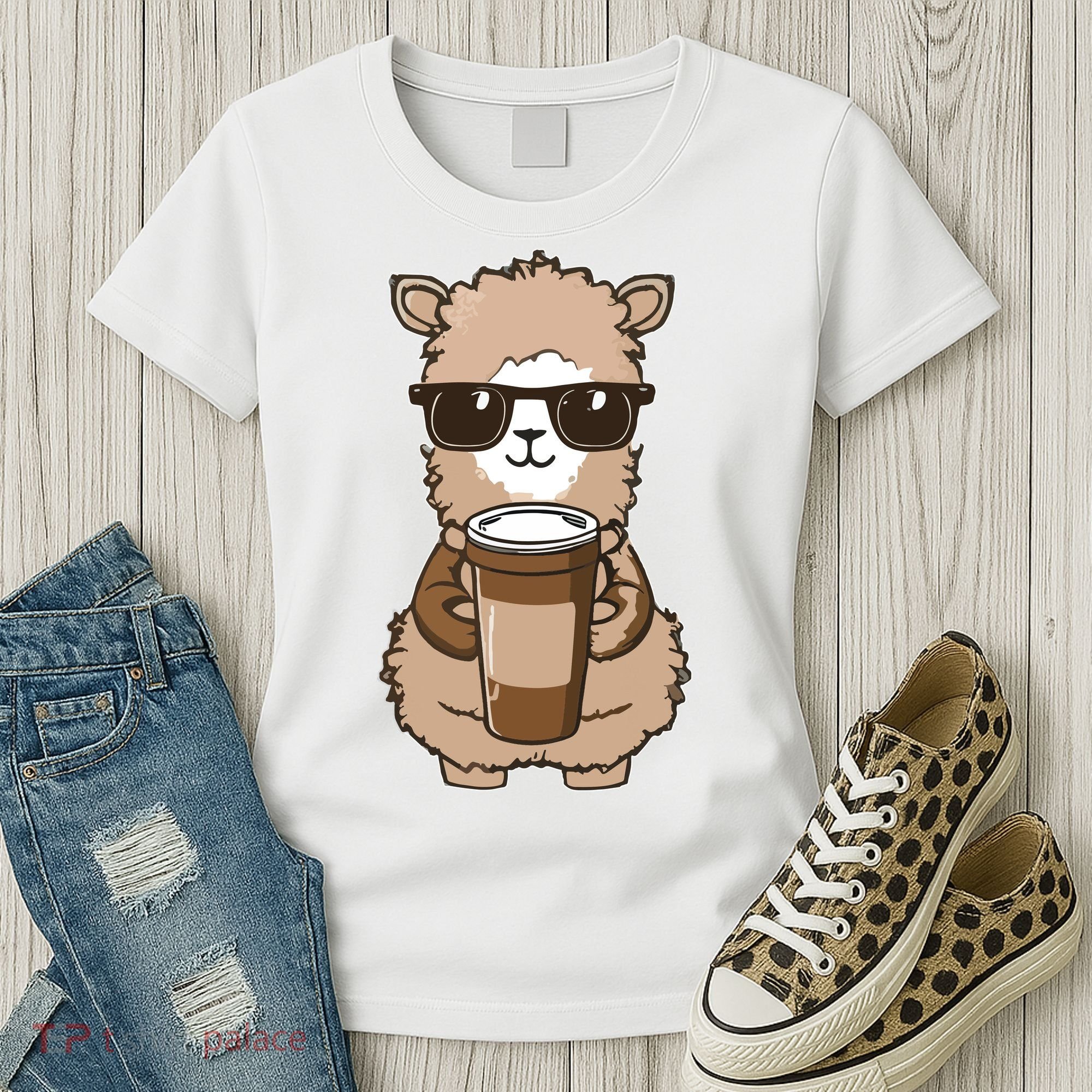 Alpaca Drinking Coffee Funny Llama And Coffee Lover Women's T-Shirt