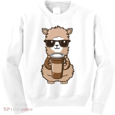 Alpaca Drinking Coffee Funny Llama And Coffee Lover Kids Sweatshirt