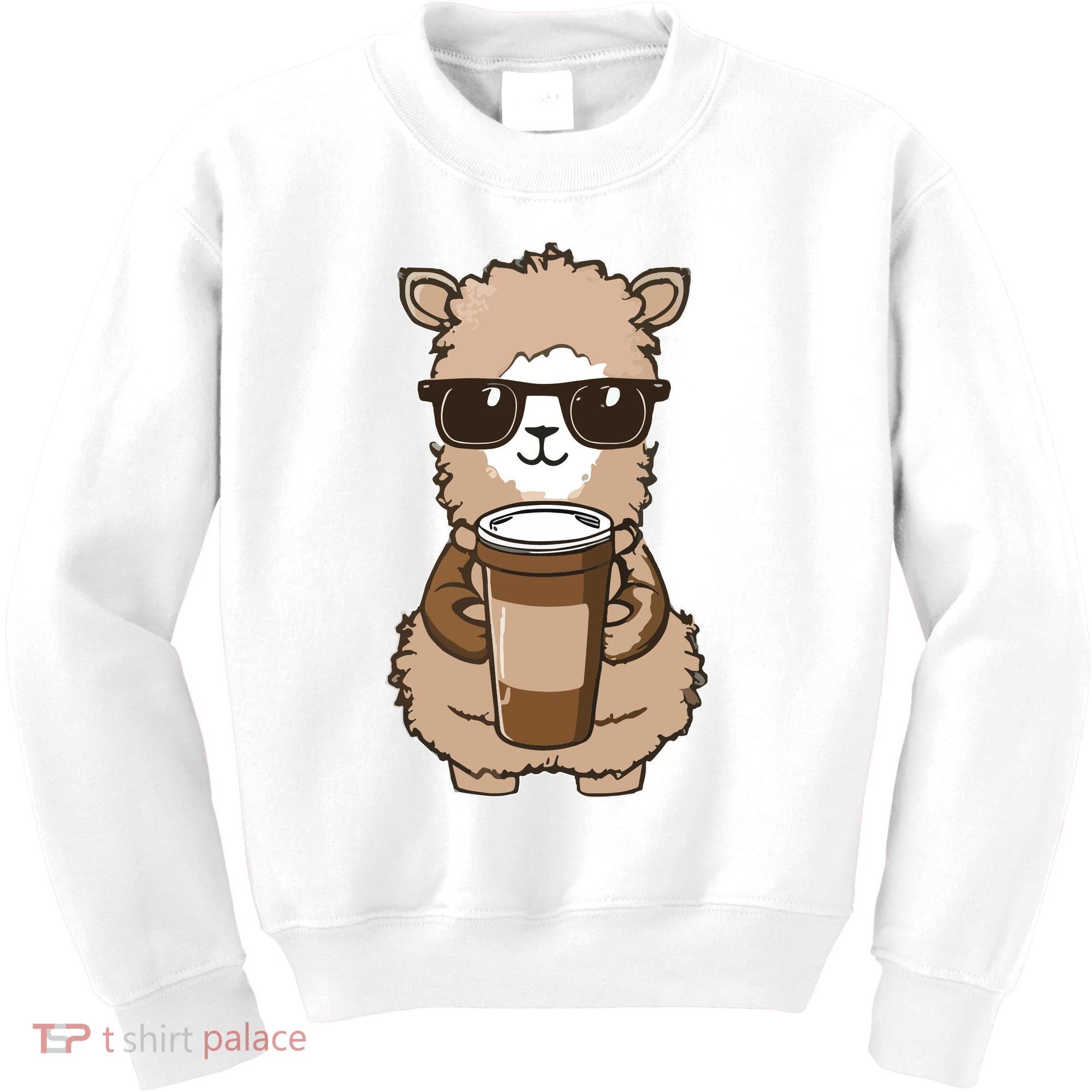 Alpaca Drinking Coffee Funny Llama And Coffee Lover Kids Sweatshirt