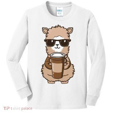 Alpaca Drinking Coffee Funny Llama And Coffee Lover Kids Long Sleeve Shirt