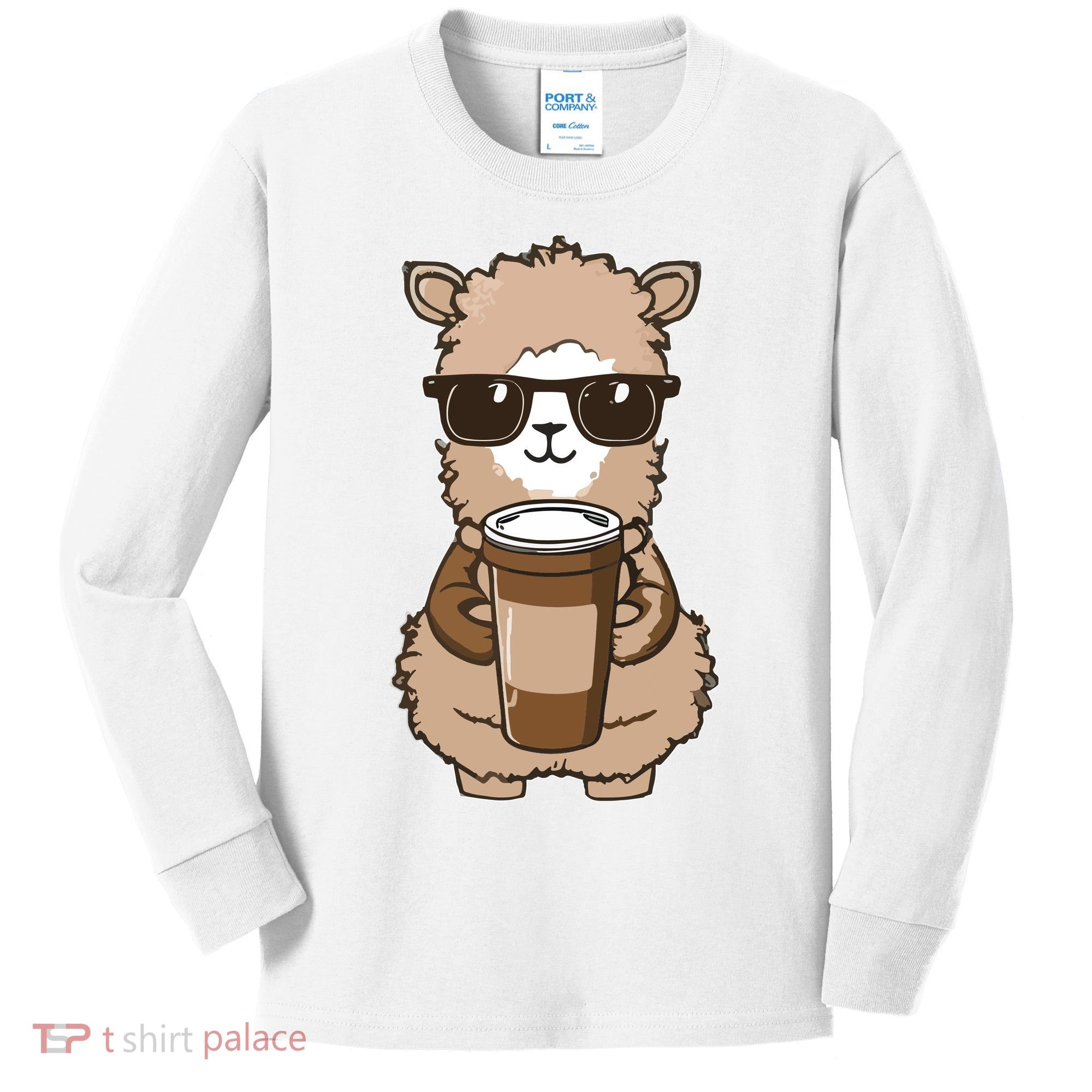 Alpaca Drinking Coffee Funny Llama And Coffee Lover Kids Long Sleeve Shirt