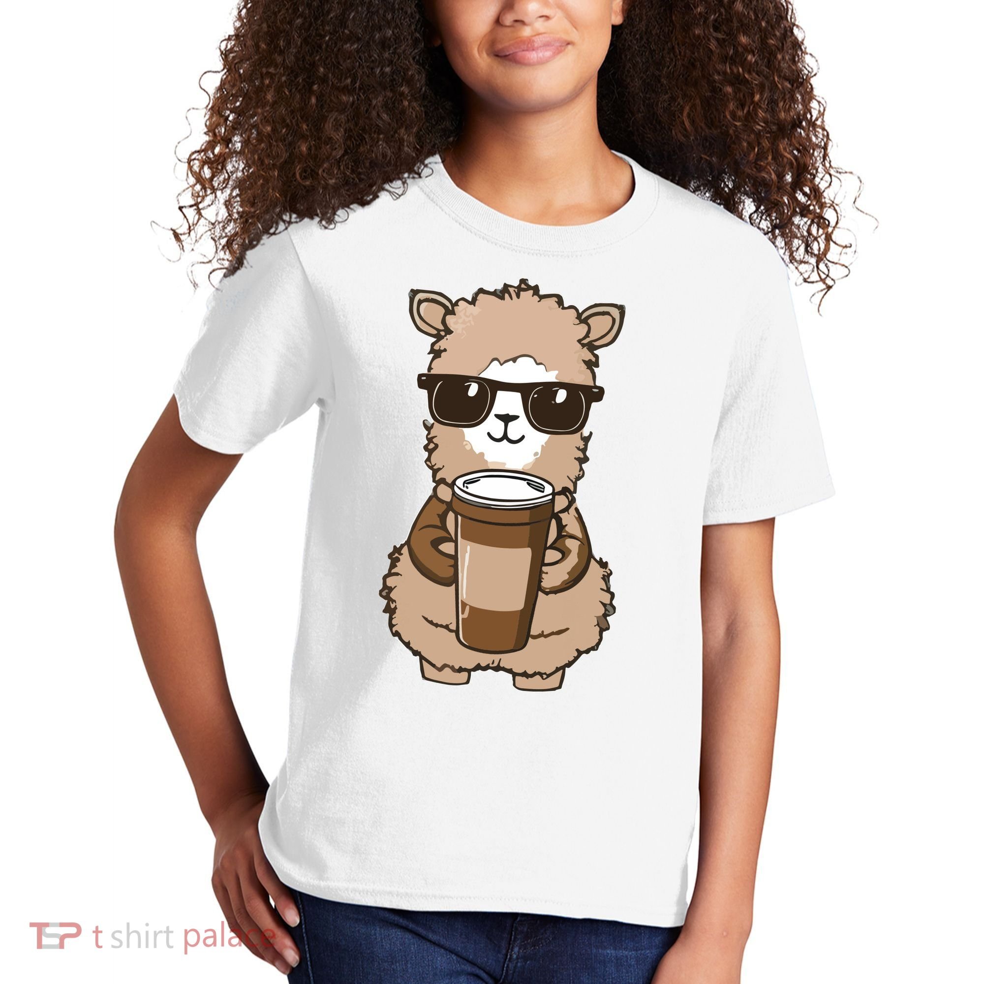 Alpaca Drinking Coffee Funny Llama And Coffee Lover Kids T-Shirt