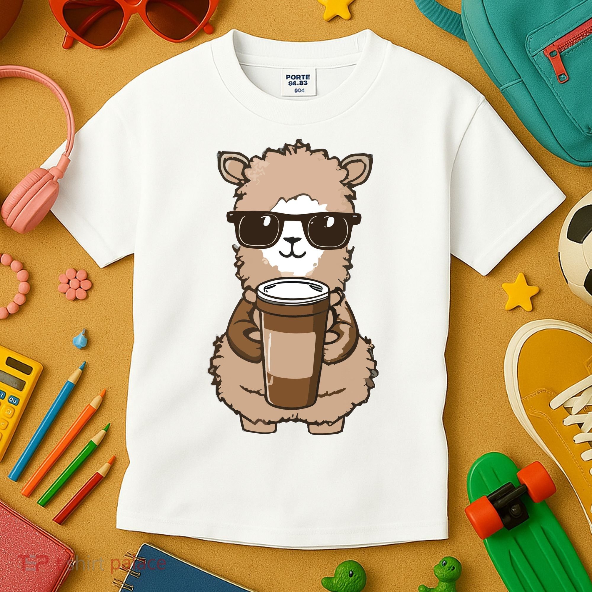 Alpaca Drinking Coffee Funny Llama And Coffee Lover Kids T-Shirt