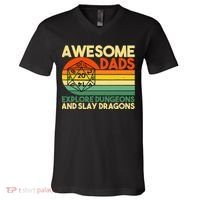 Awesome Dads Explore Dungeons DM RPG Dice Dragon V-Neck T-Shirt thumb 0