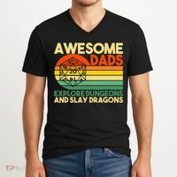 Awesome Dads Explore Dungeons DM RPG Dice Dragon V-Neck T-Shirt thumb 2