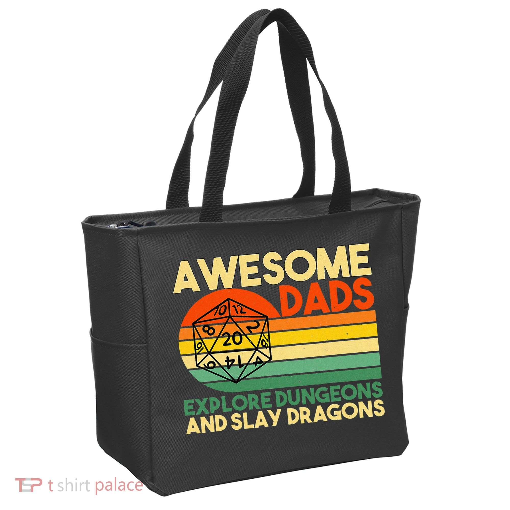 Awesome Dads Explore Dungeons DM RPG Dice Dragon Tote Bag