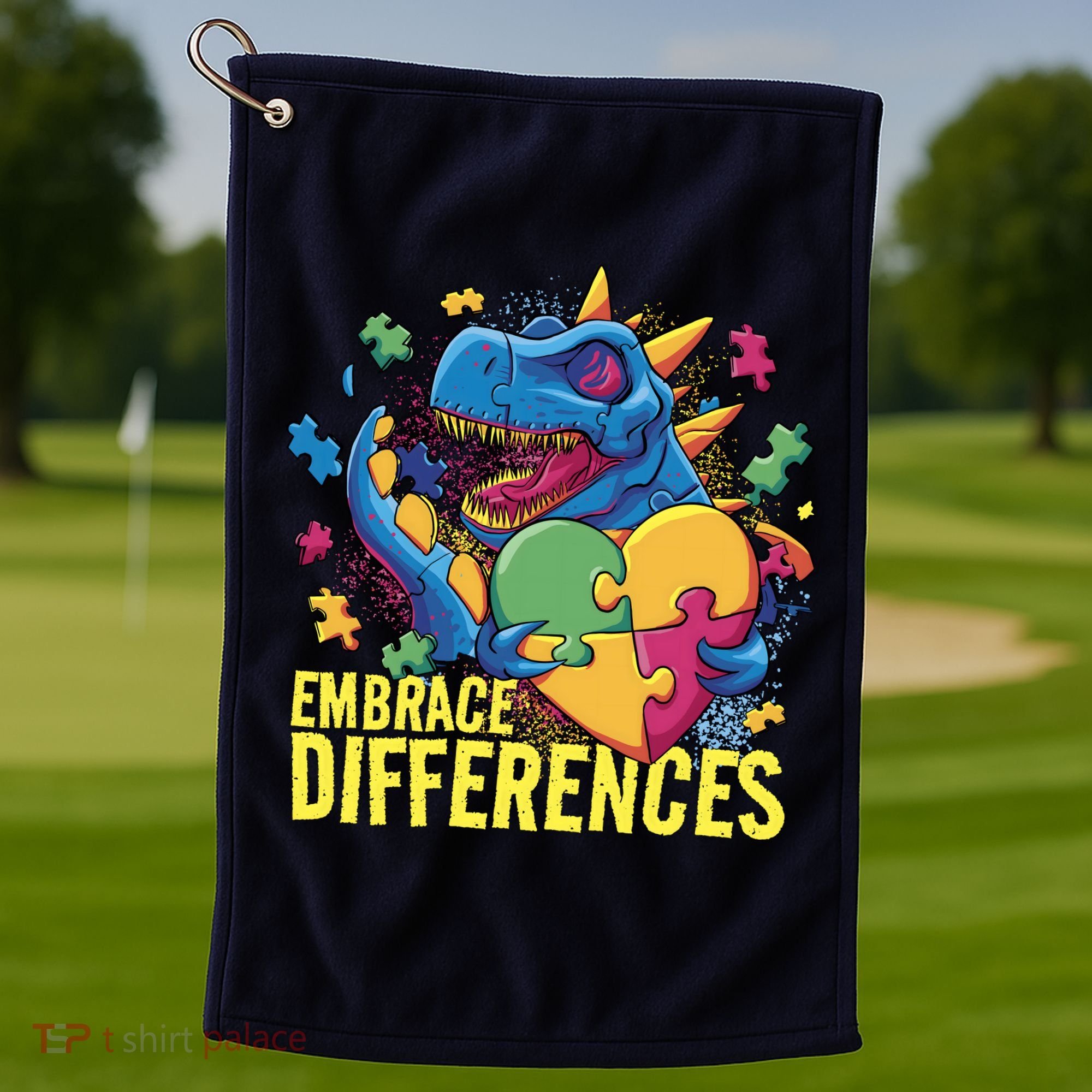 Autism Dinosaur Holding Puzzle Heart Golf Towel