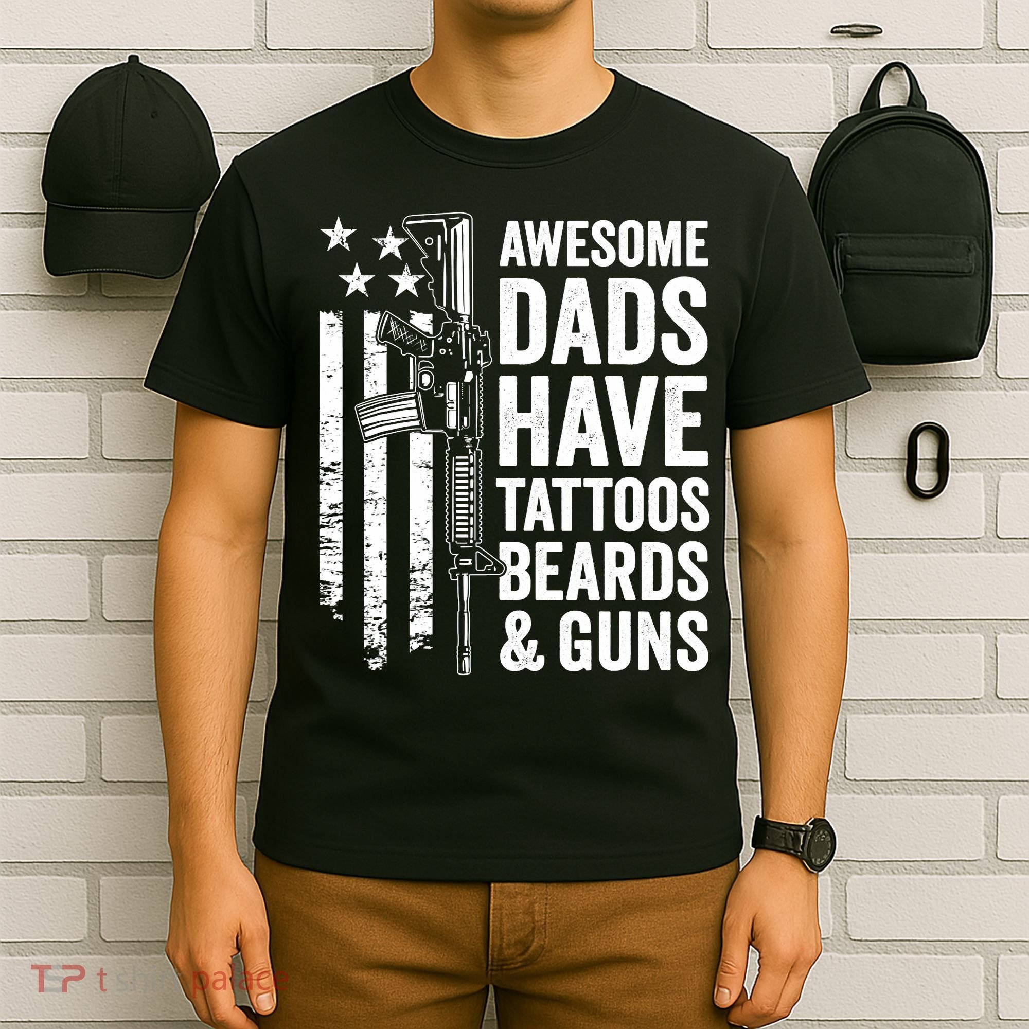 Awesome Dads Have Tattoos Beards Guns Fathers Day Gun T-Shirt