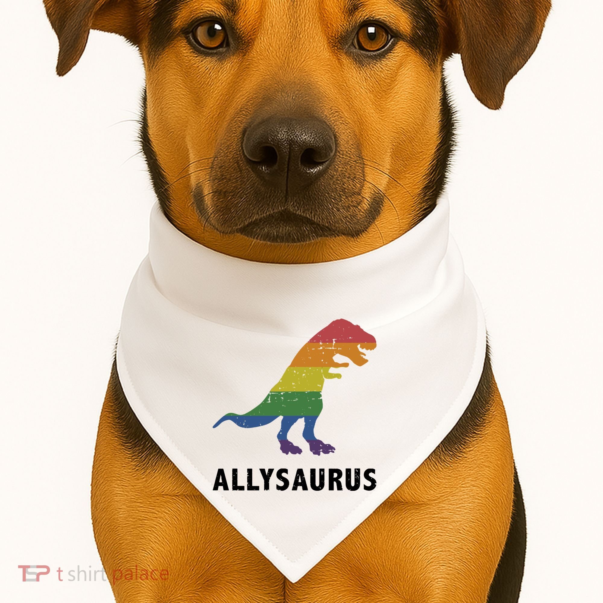Allysaurus Dinosaur In Rainbow Flag For Ally LGBT Pride USA-Made Doggie Bandana