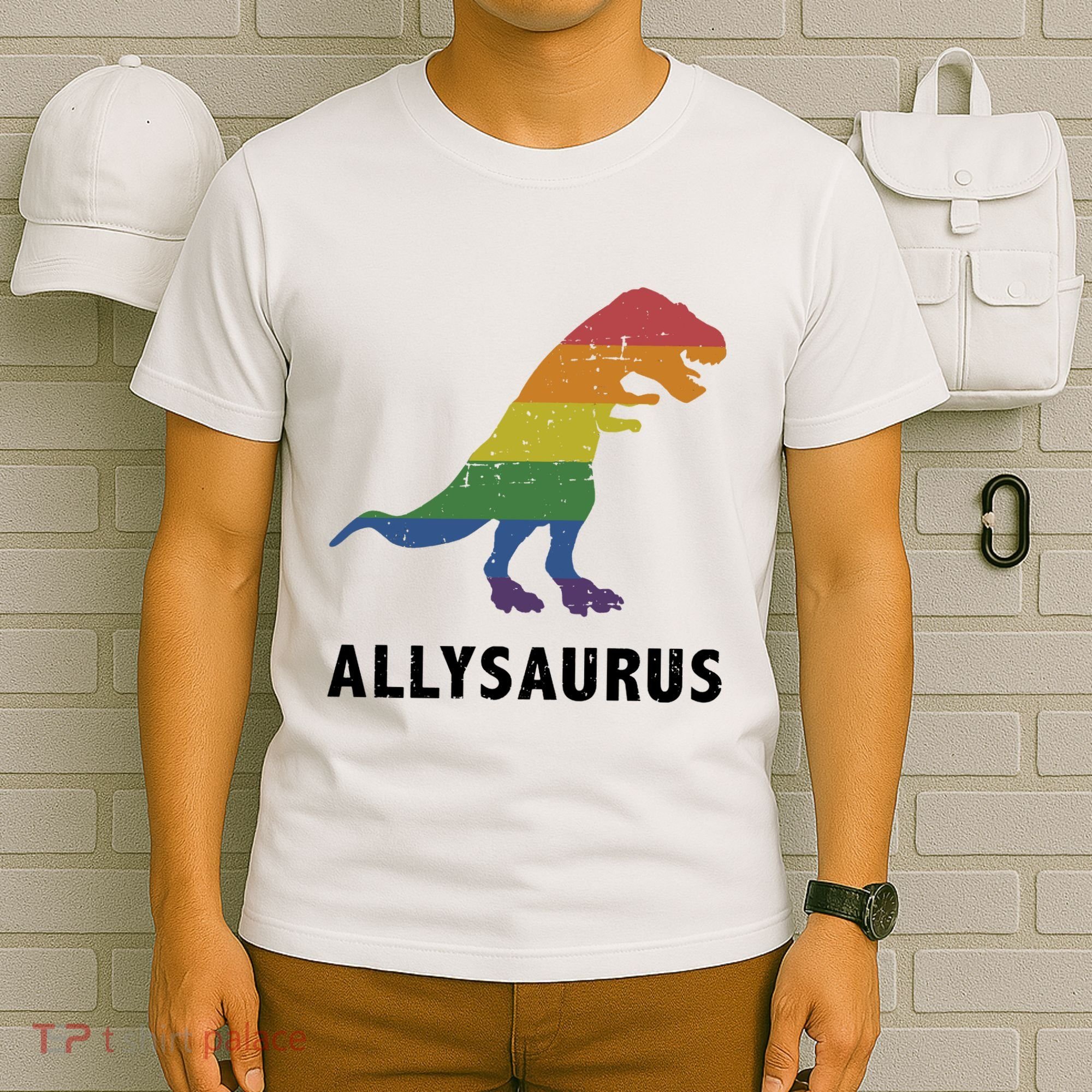 Allysaurus Dinosaur In Rainbow Flag For Ally LGBT Pride T-Shirt