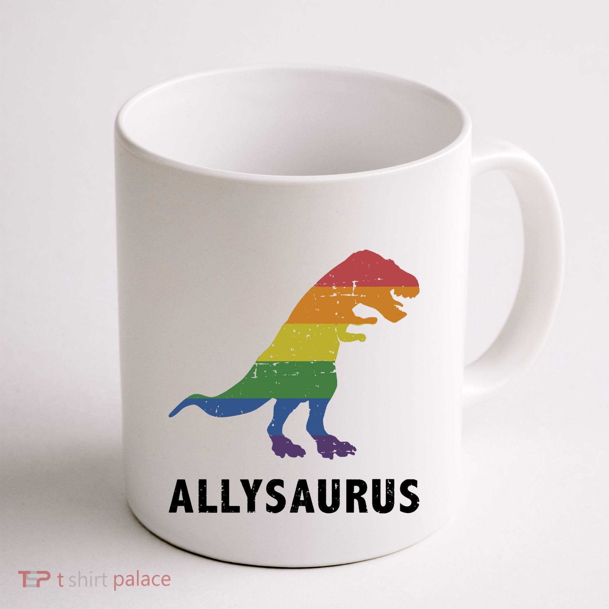 Allysaurus Dinosaur In Rainbow Flag For Ally LGBT Pride Coffee Mug