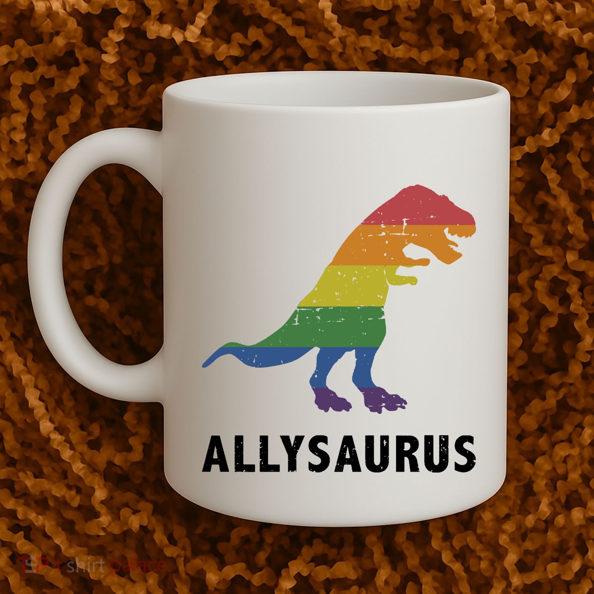 Allysaurus Dinosaur In Rainbow Flag For Ally LGBT Pride Coffee Mug
