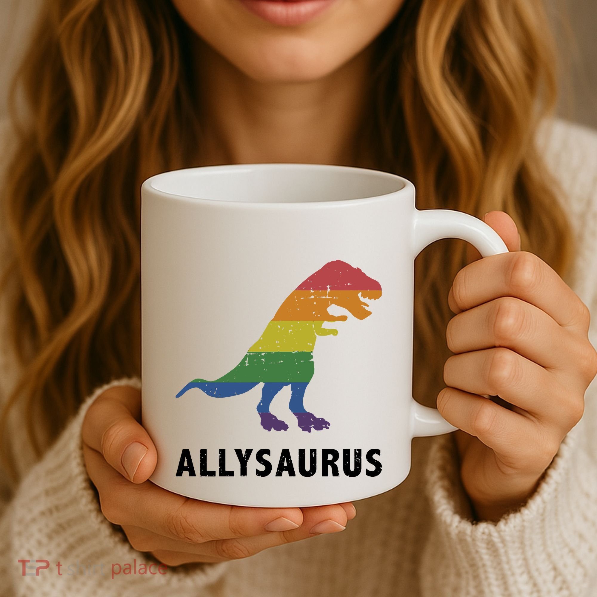 Allysaurus Dinosaur In Rainbow Flag For Ally LGBT Pride Coffee Mug