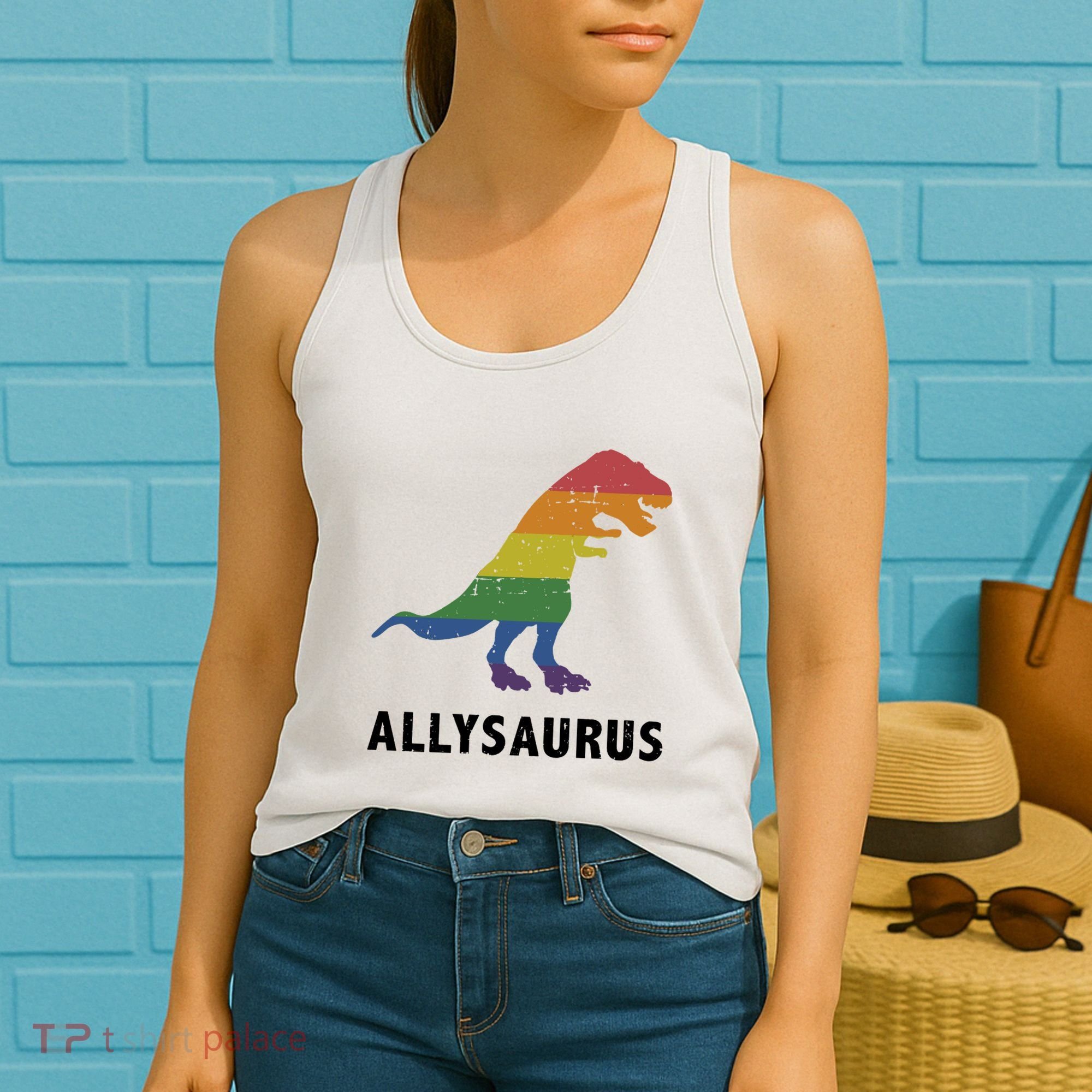 Allysaurus Dinosaur In Rainbow Flag For Ally LGBT Pride Women's Tank Top