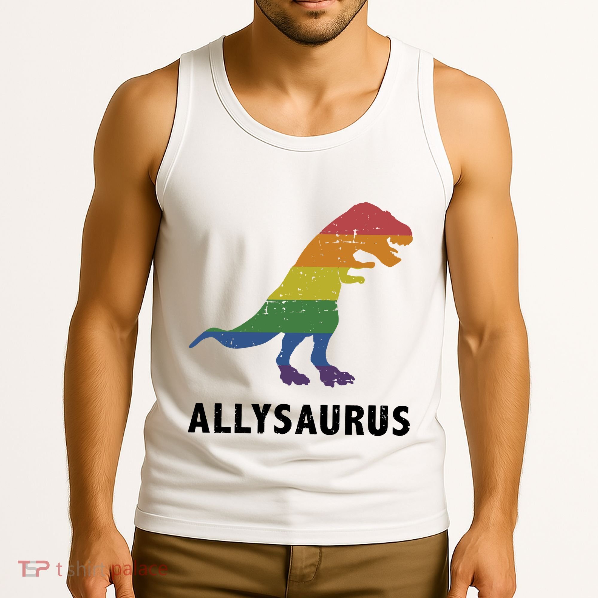 Allysaurus Dinosaur In Rainbow Flag For Ally LGBT Pride Tank Top