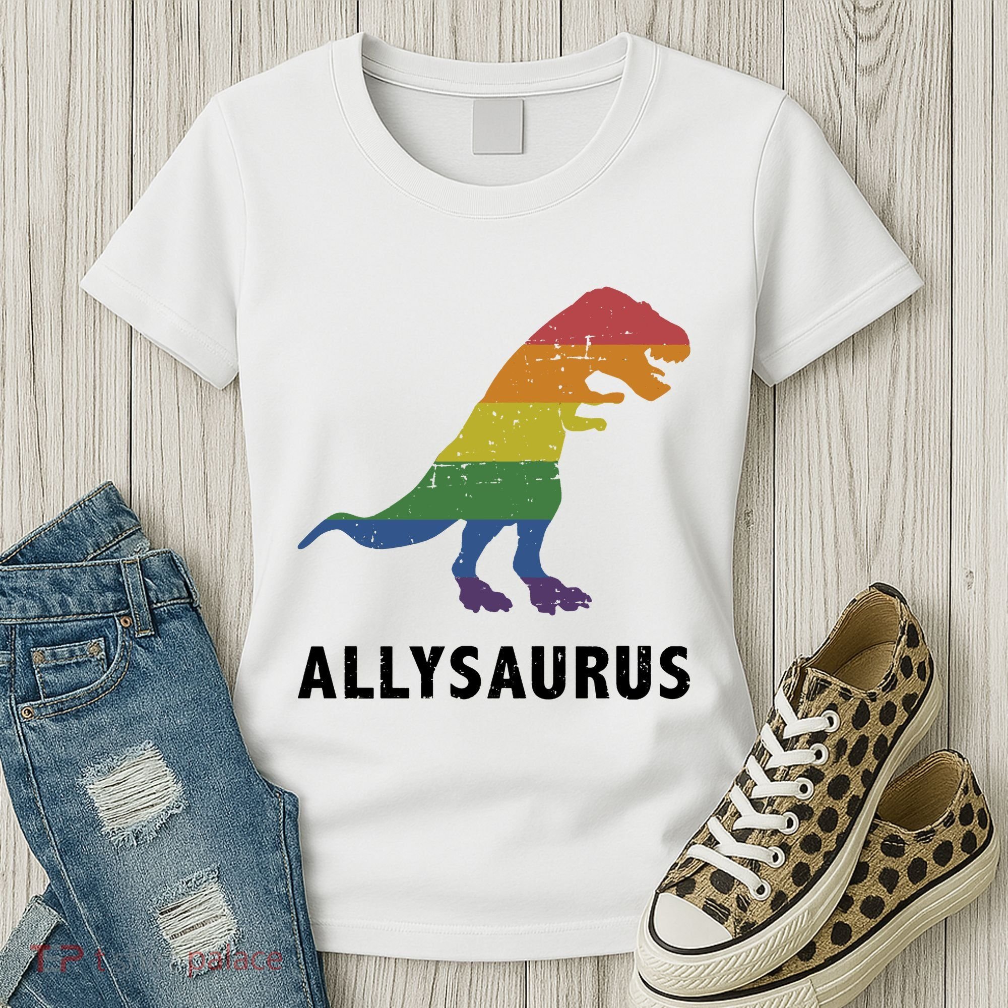 Allysaurus Dinosaur In Rainbow Flag For Ally LGBT Pride Women's T-Shirt