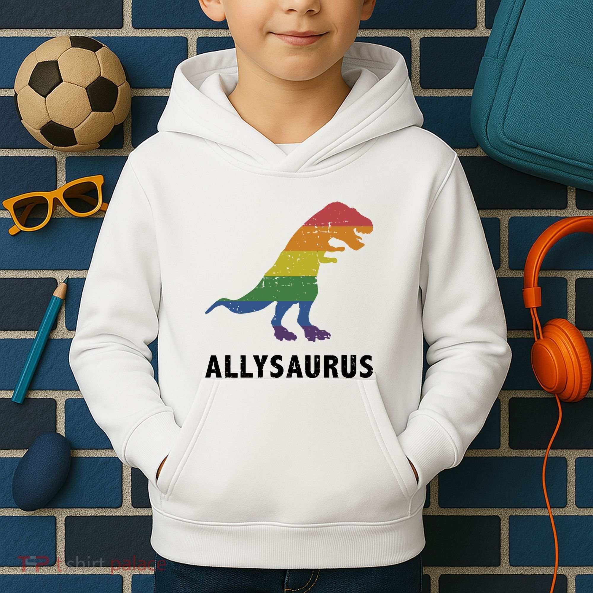 Allysaurus Dinosaur In Rainbow Flag For Ally LGBT Pride Kids Hoodie