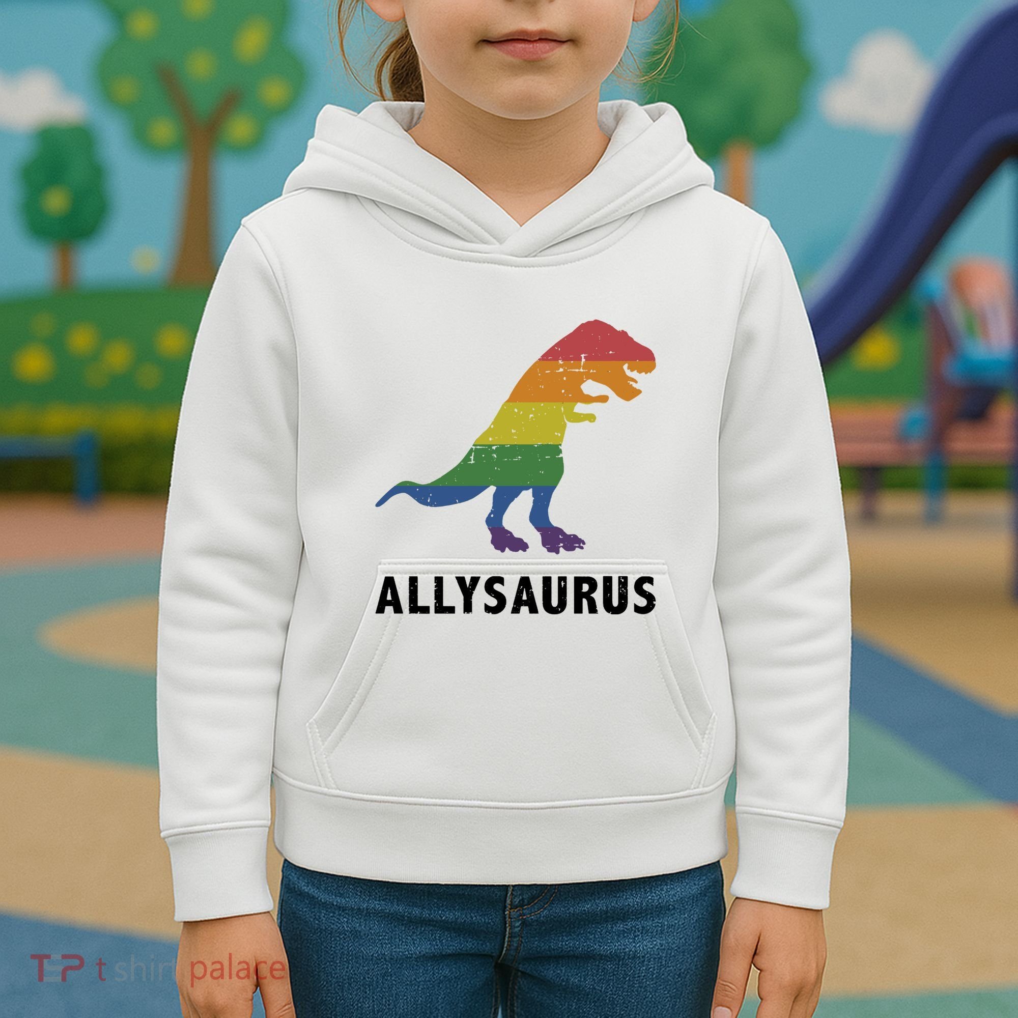 Allysaurus Dinosaur In Rainbow Flag For Ally LGBT Pride Kids Hoodie