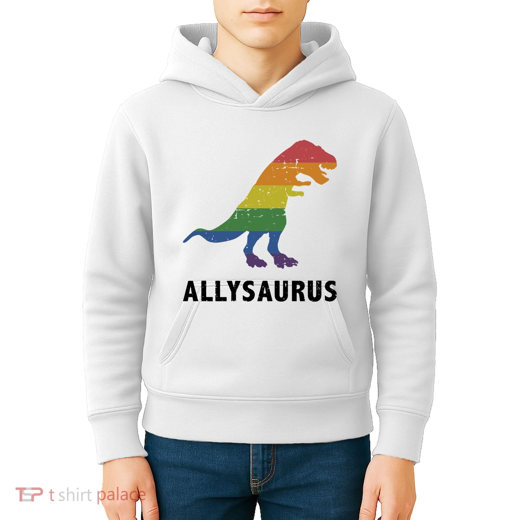 Allysaurus Dinosaur In Rainbow Flag For Ally LGBT Pride Kids Hoodie