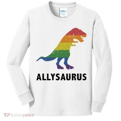 Allysaurus Dinosaur In Rainbow Flag For Ally LGBT Pride Kids Long Sleeve Shirt