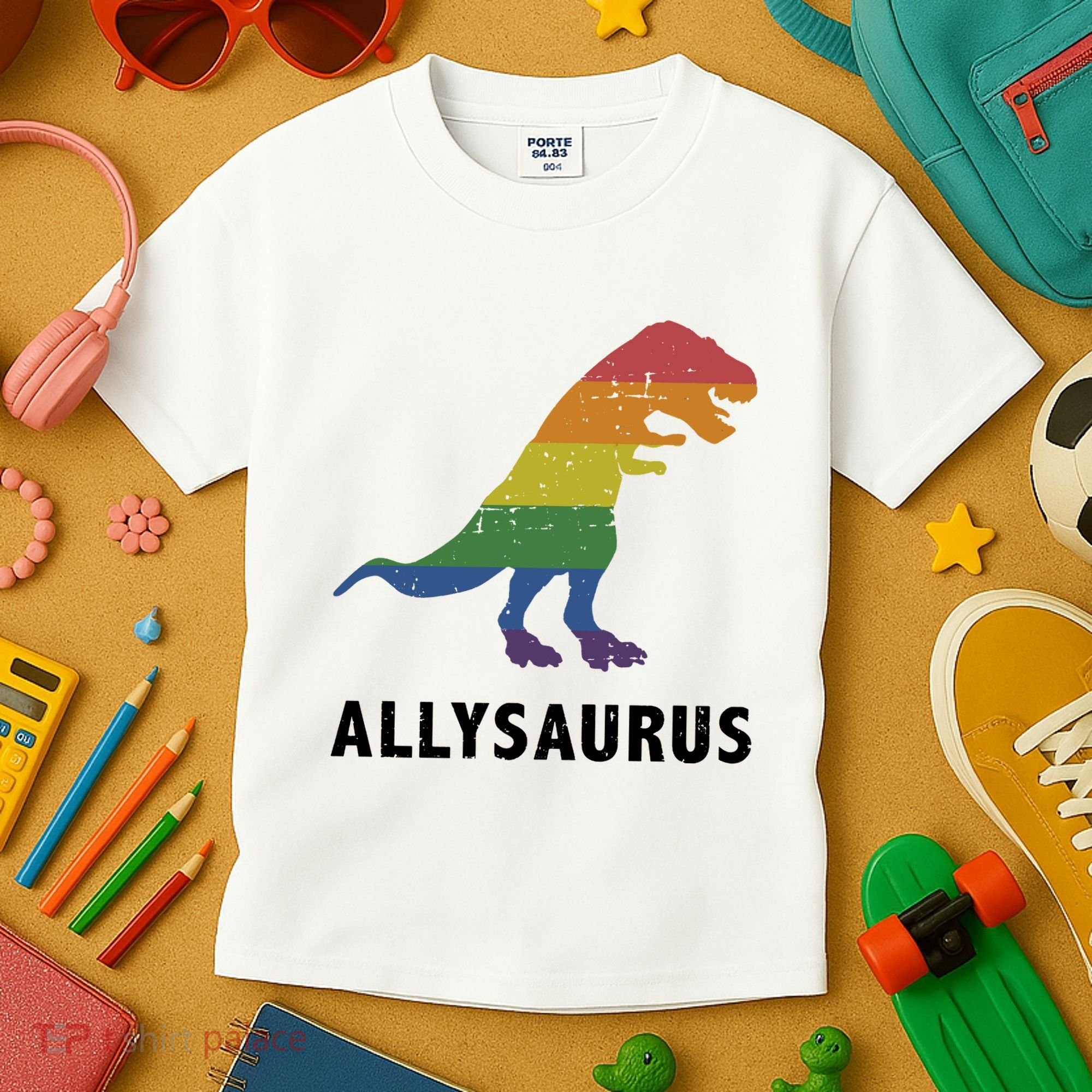 Allysaurus Dinosaur In Rainbow Flag For Ally LGBT Pride Kids T-Shirt