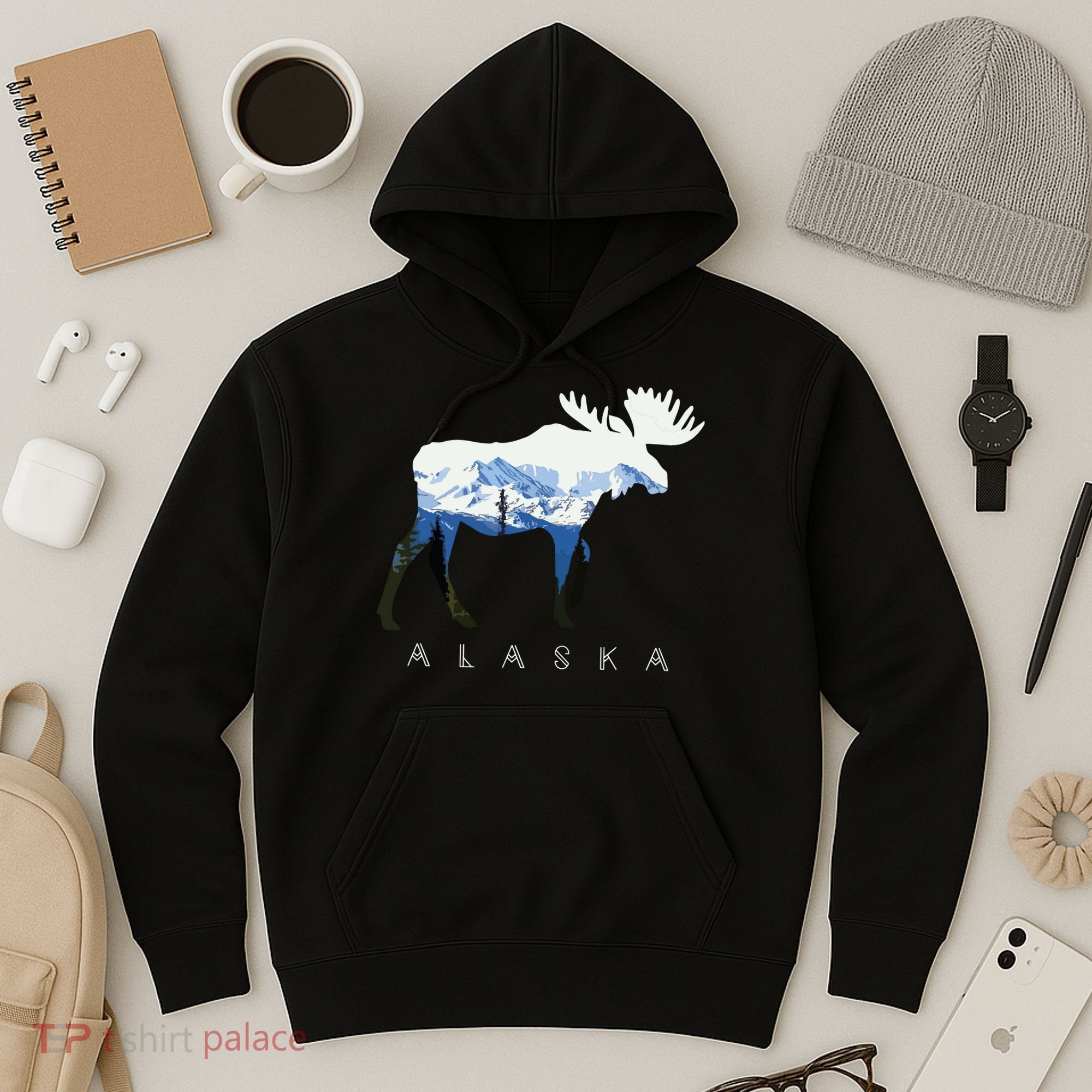 Alaska Day Moose Snowy Mountain Hoodie