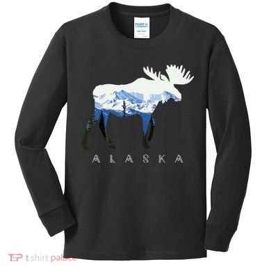 Alaska Day Moose Snowy Mountain Kids Long Sleeve Shirt