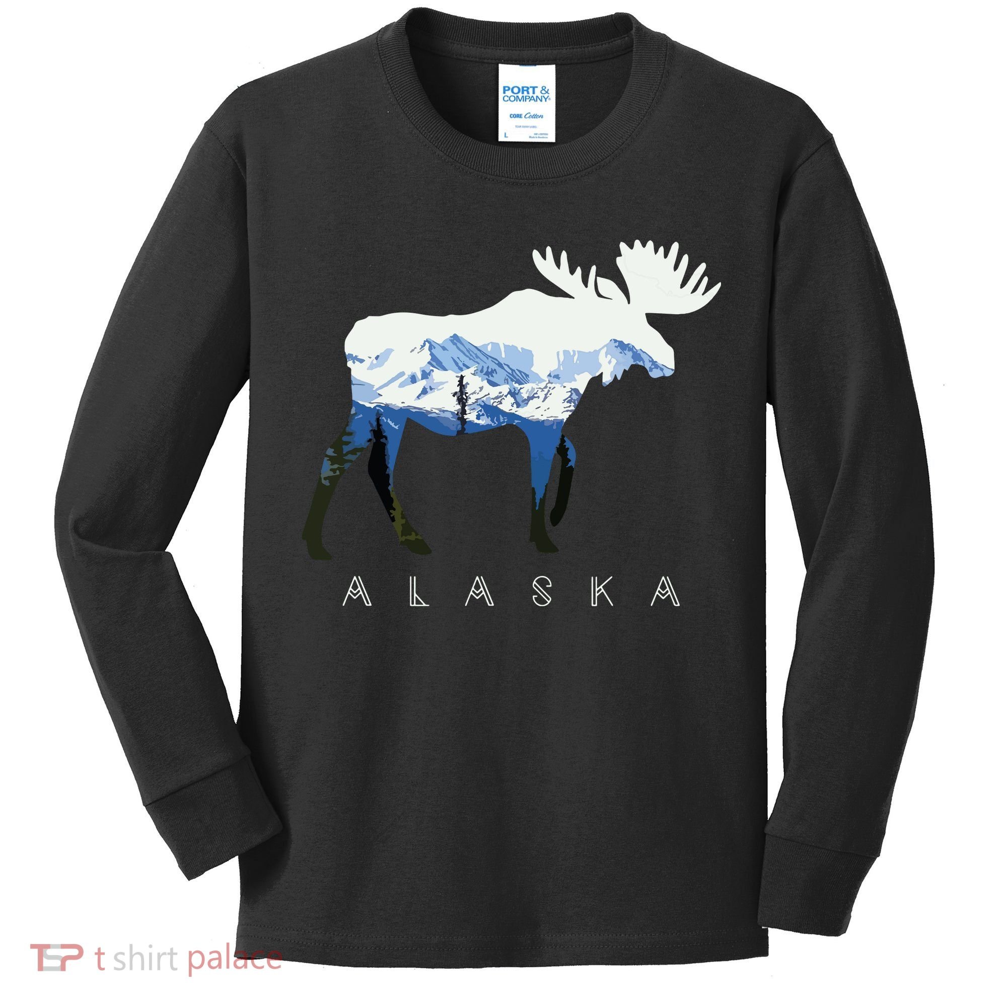 Alaska Day Moose Snowy Mountain Kids Long Sleeve Shirt