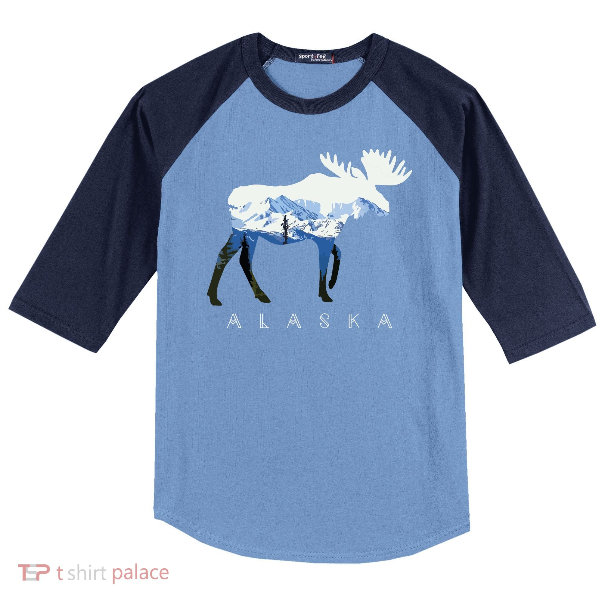 Alaska Day Moose Snowy Mountain Raglan Baseball Sleeve Shirt