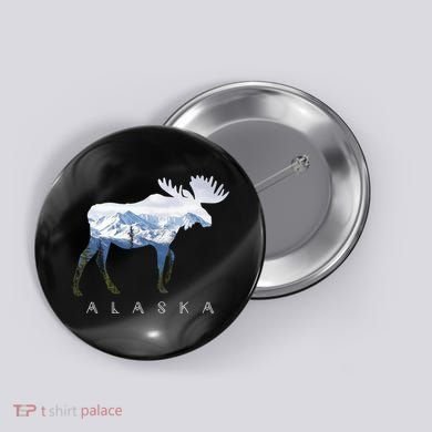 Alaska Day Moose Snowy Mountain Cute Gift Alaskan Tourist Gift Button