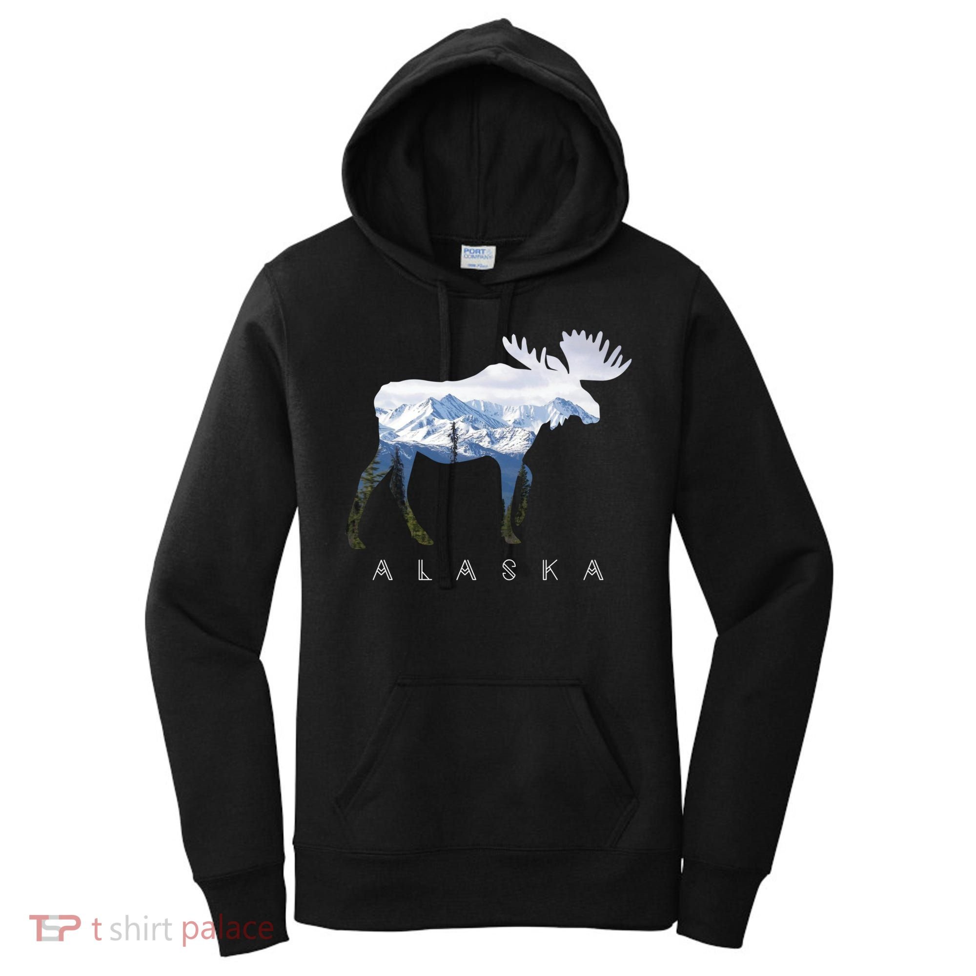 Alaska Day Moose Snowy Mountain Cute Gift Alaskan Tourist Gift Women's Hoodie