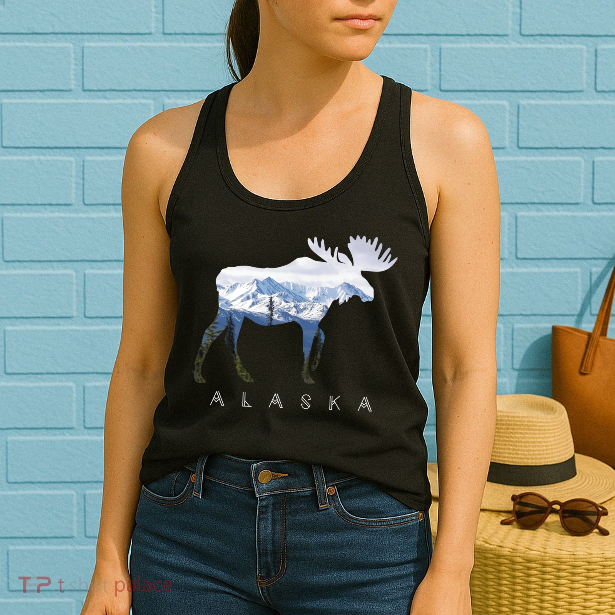 Alaska Day Moose Snowy Mountain Cute Gift Alaskan Tourist Gift Women's Tank Top