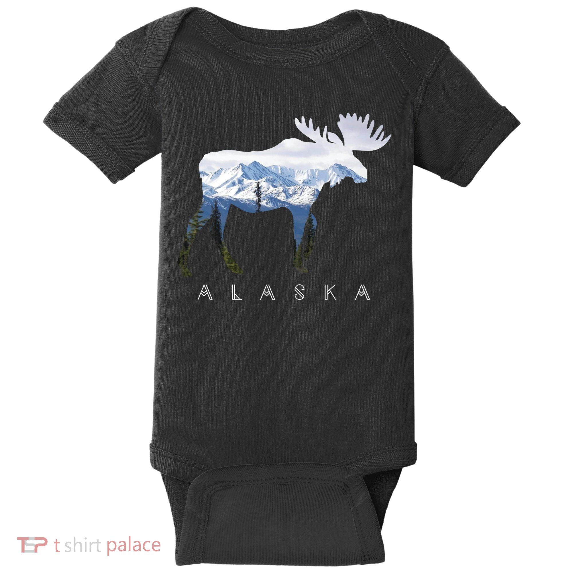 Alaska Day Moose Snowy Mountain Cute Gift Alaskan Tourist Gift Baby Bodysuit