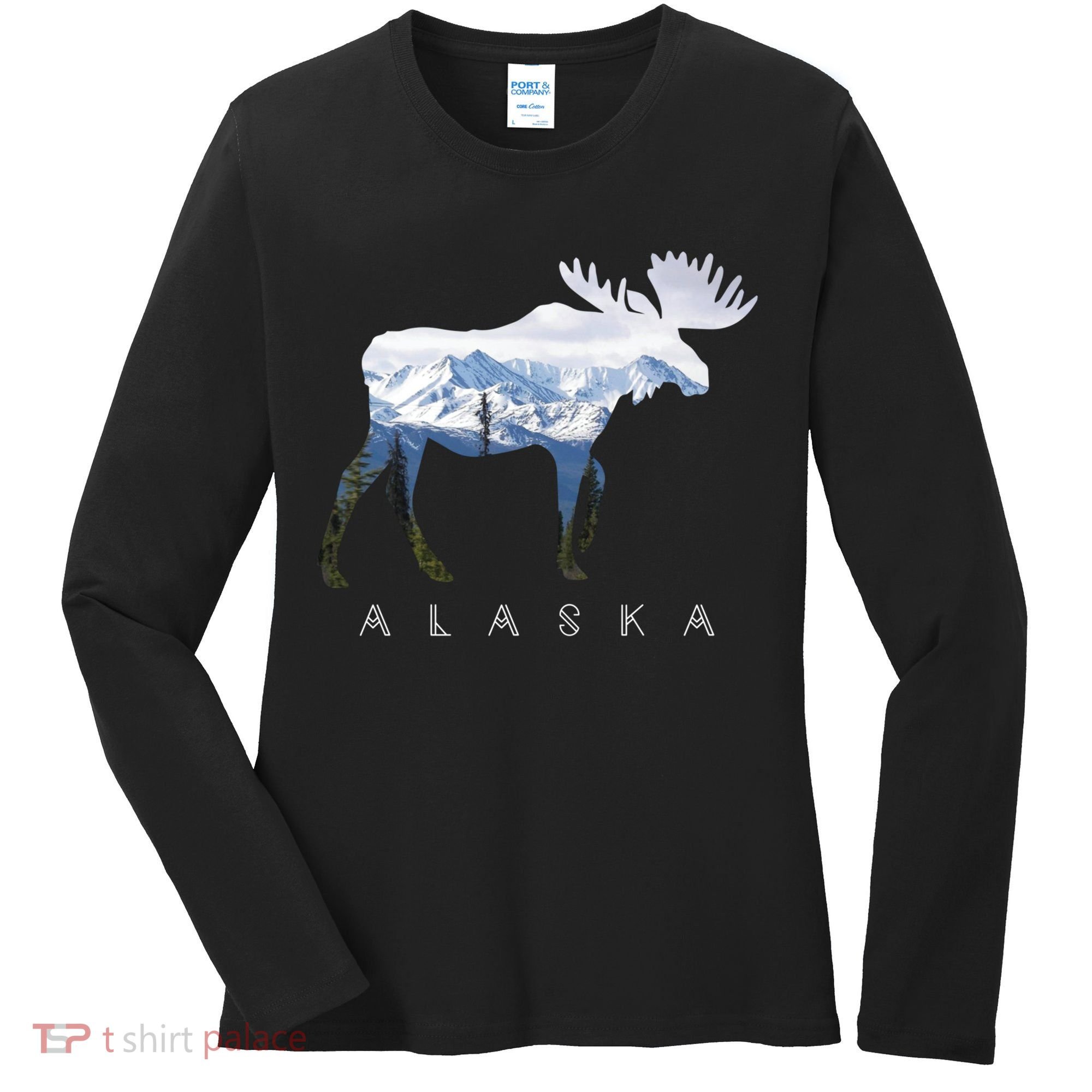 Alaska Day Moose Snowy Mountain Cute Gift Alaskan Tourist Gift Women's Long Sleeve Shirt