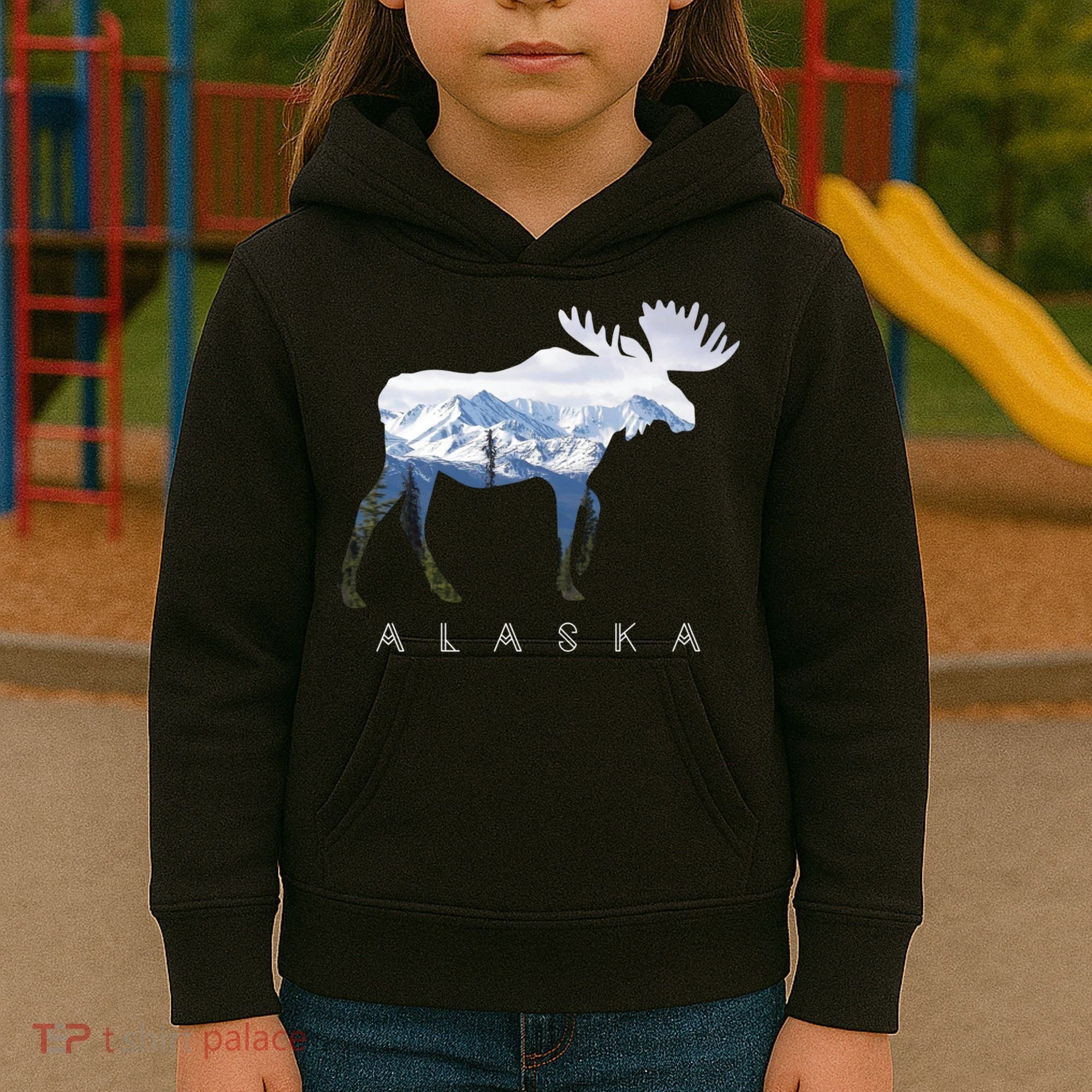 Alaska Day Moose Snowy Mountain Cute Gift Alaskan Tourist Gift Kids Hoodie