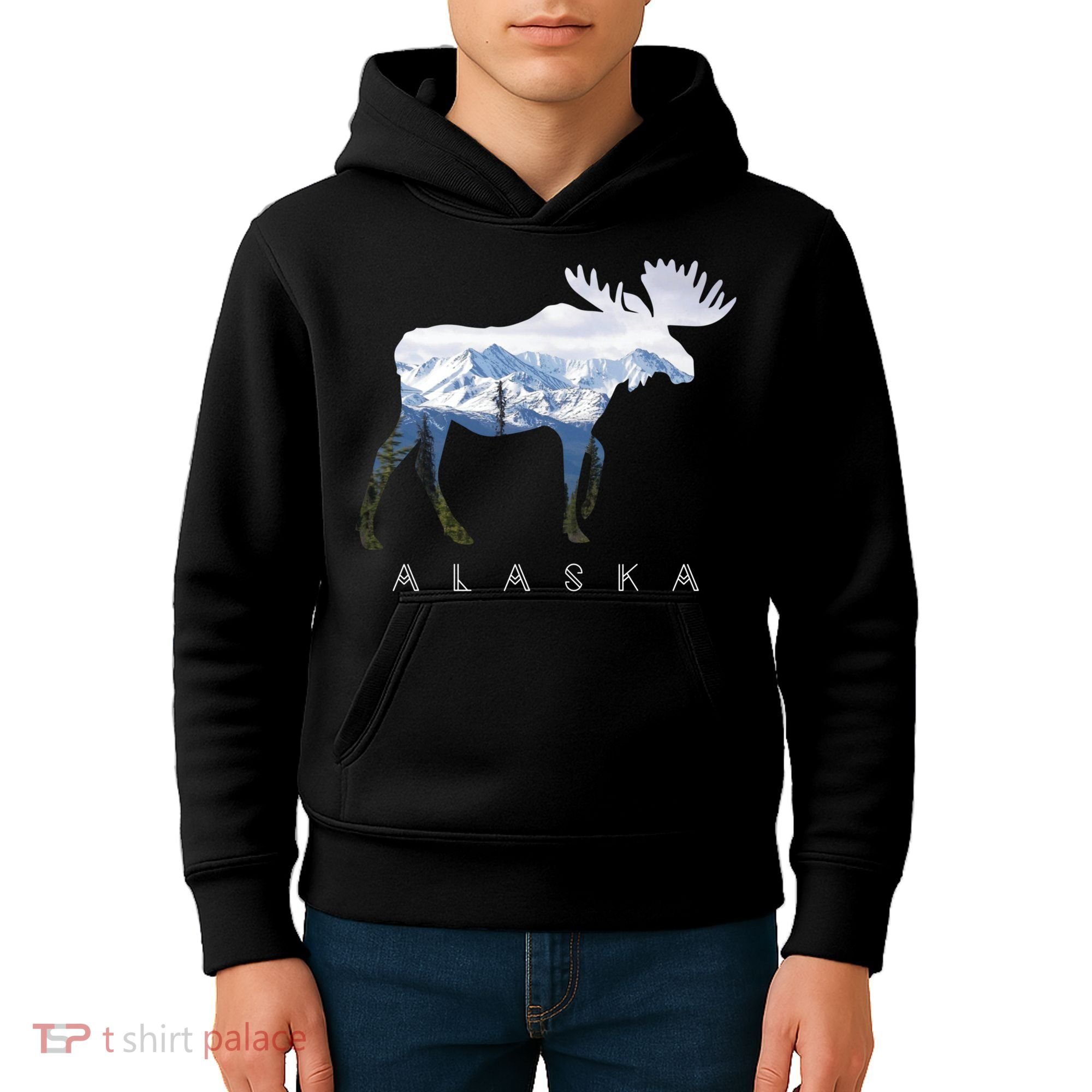 Alaska Day Moose Snowy Mountain Cute Gift Alaskan Tourist Gift Kids Hoodie