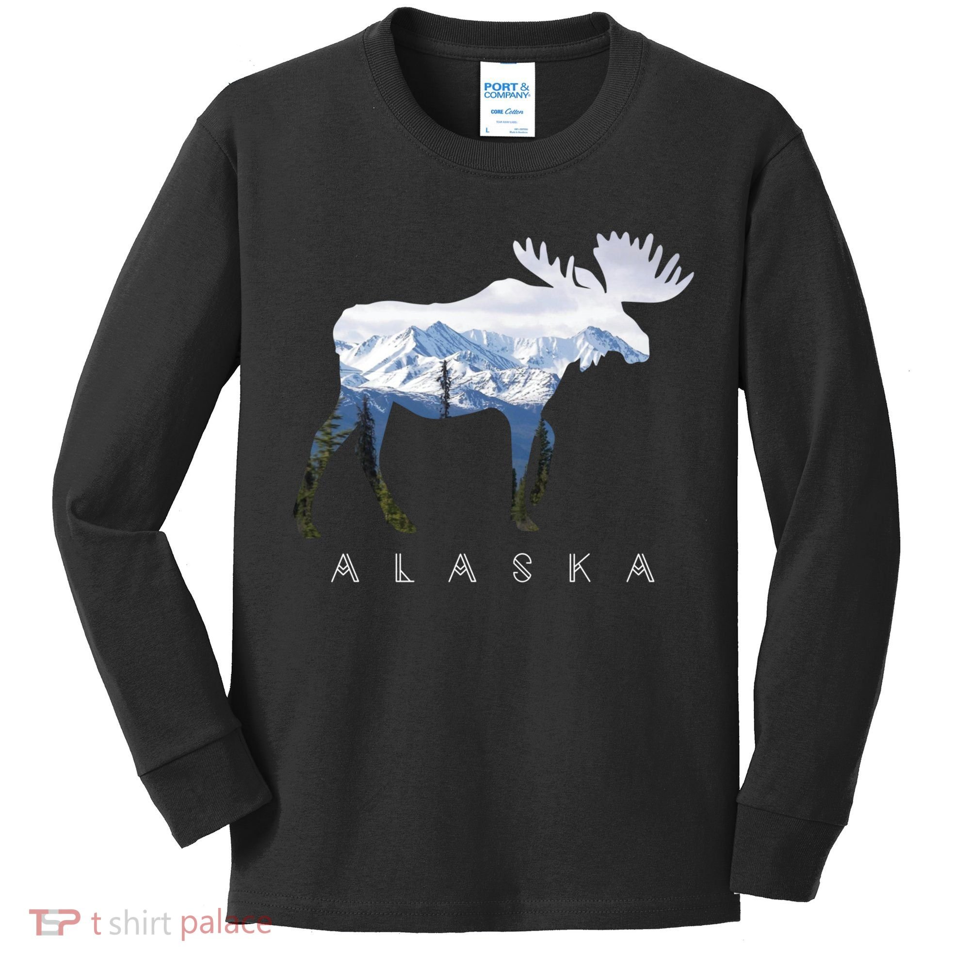 Alaska Day Moose Snowy Mountain Cute Gift Alaskan Tourist Gift Kids Long Sleeve Shirt