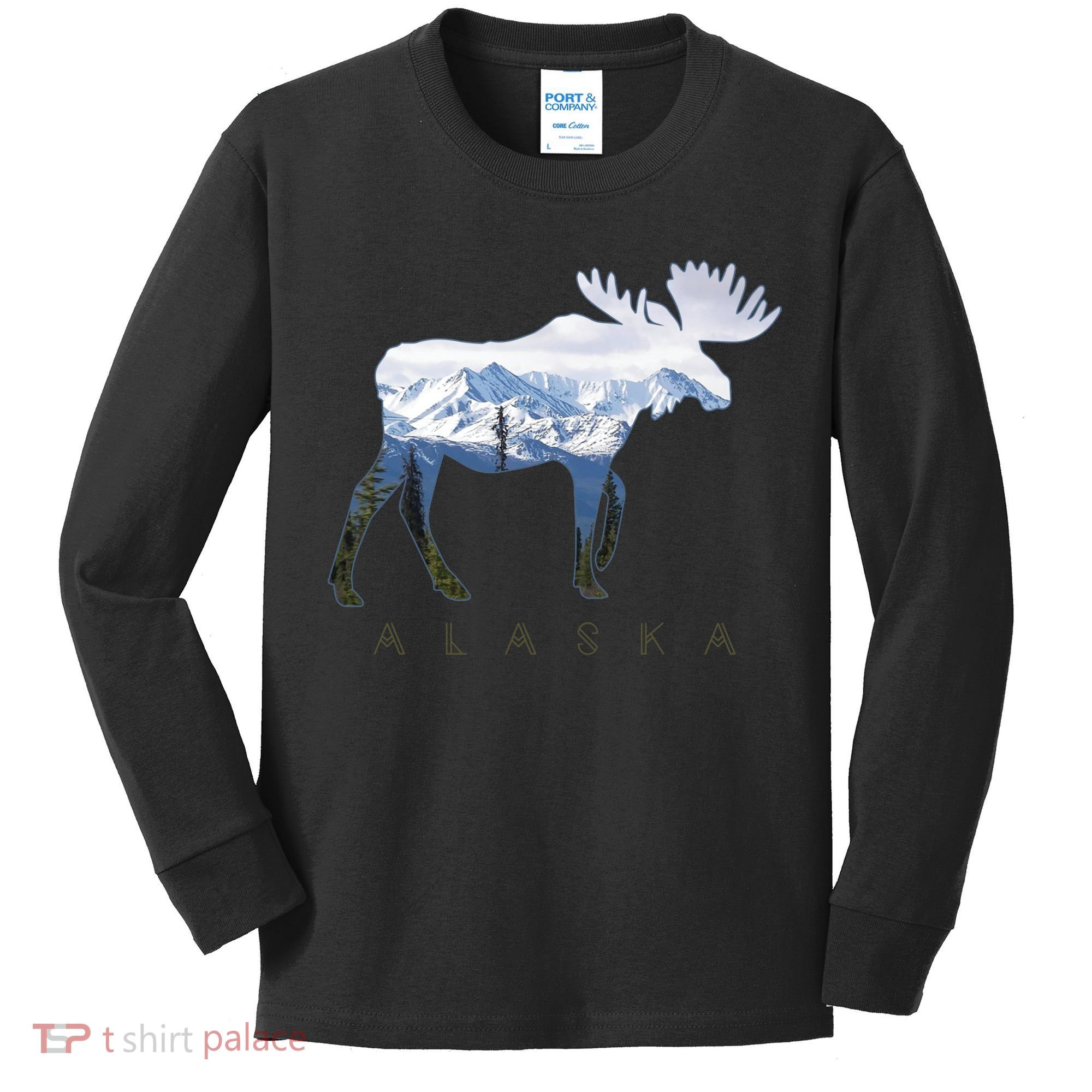 Alaska Day Moose Snowy Mountain Alaskan Tourist Kids Long Sleeve Shirt