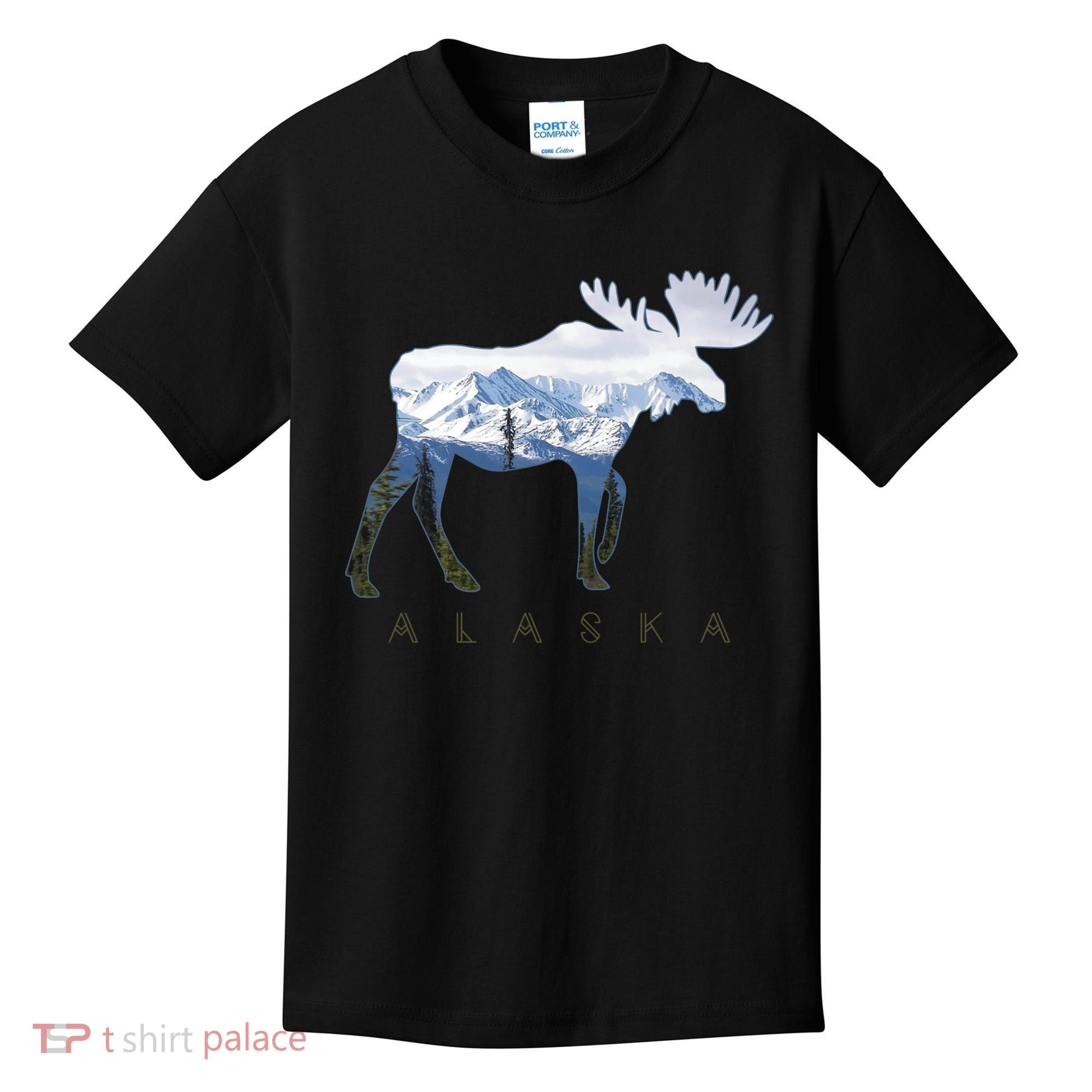 Alaska Day Moose Snowy Mountain Alaskan Tourist Kids T-Shirt