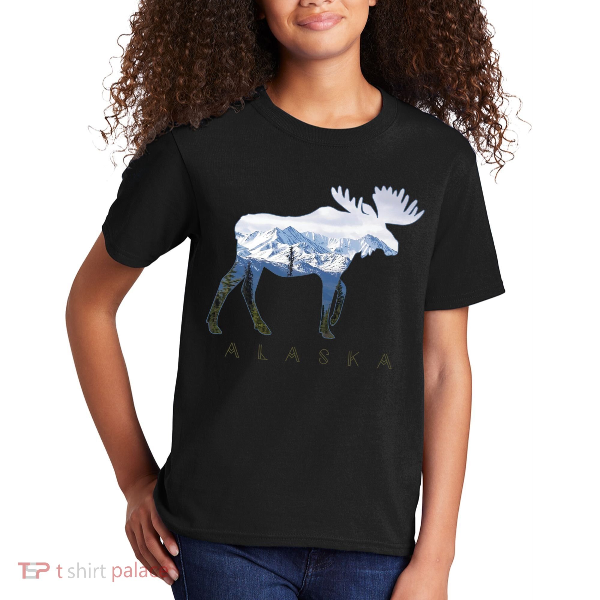 Alaska Day Moose Snowy Mountain Alaskan Tourist Kids T-Shirt