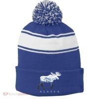 Alaska Day Moose Snowy Mountain Alaskan Tourist Or Resident Gift Stripe Pom Pom Beanie thumb 0