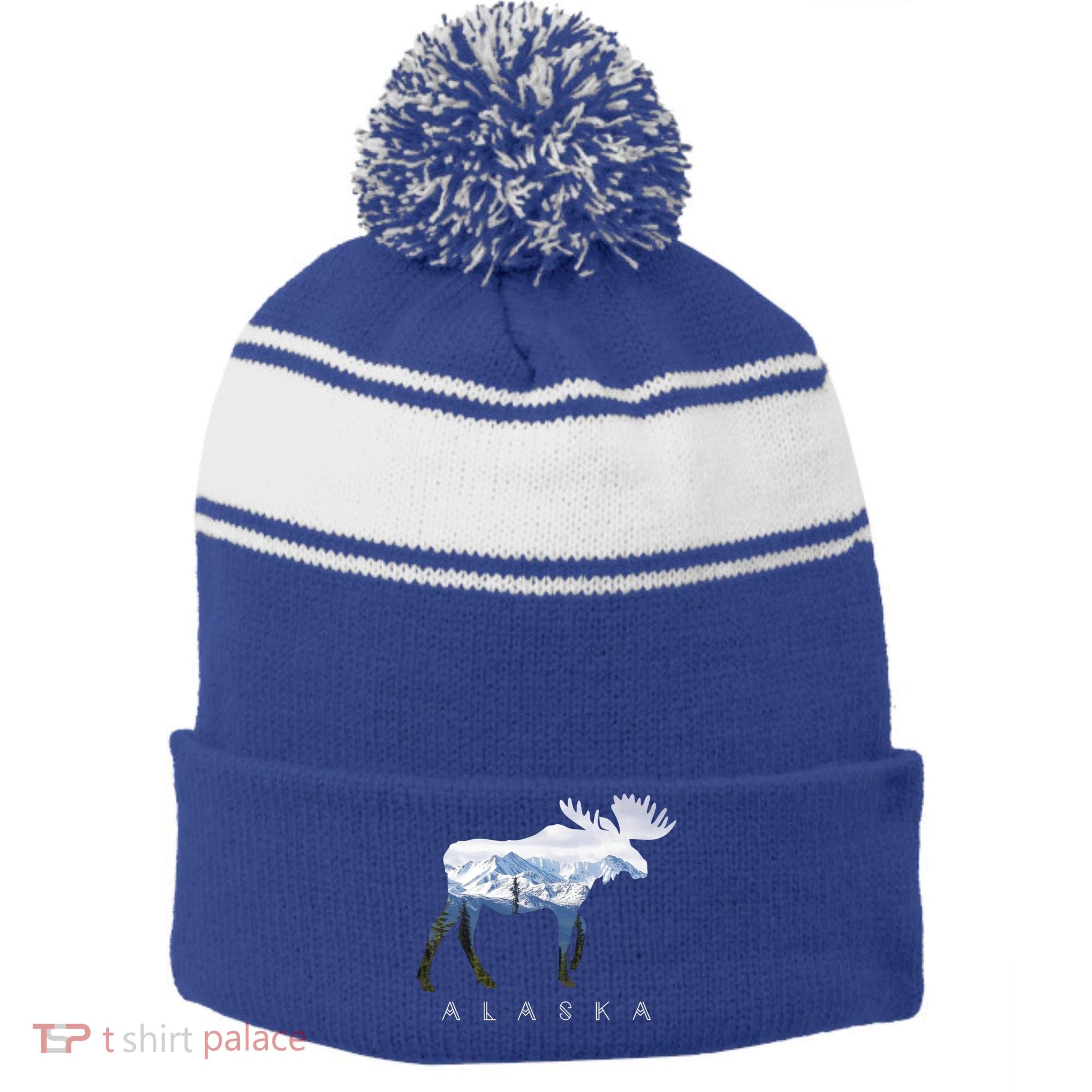 Alaska Day Moose Snowy Mountain Alaskan Tourist Or Resident Gift Stripe Pom Pom Beanie